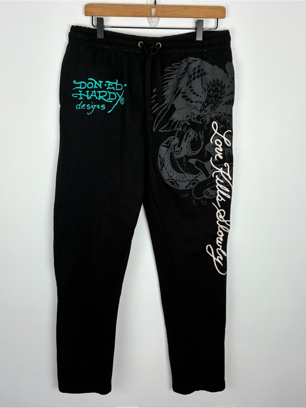 Ed Hardy Men’s Black Crawling Tiger Fleece Sweatpants Drawstring Size M
